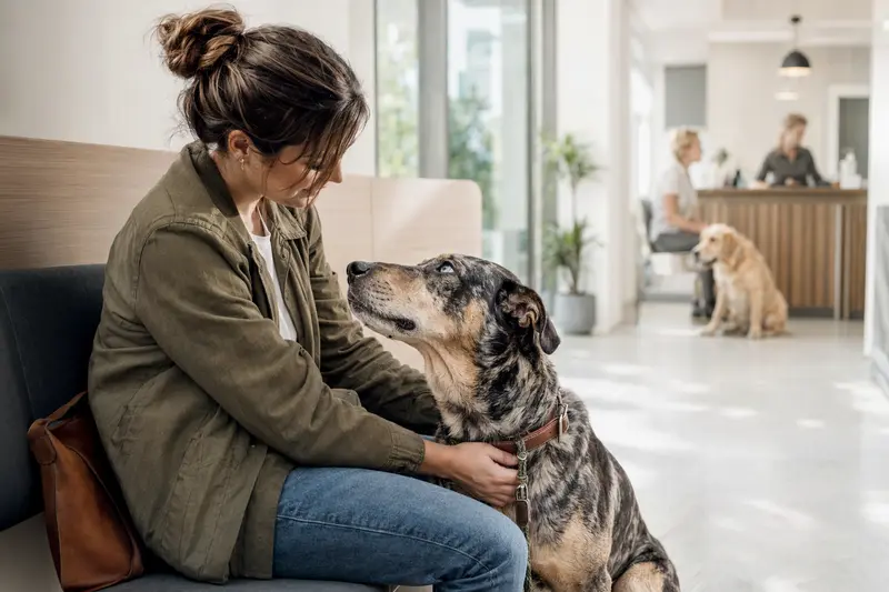 Ein Catahoula Cur sitzt ruhig neben seinem Besitzer im hellen Wartezimmer einer modernen Tierarztpraxis.
